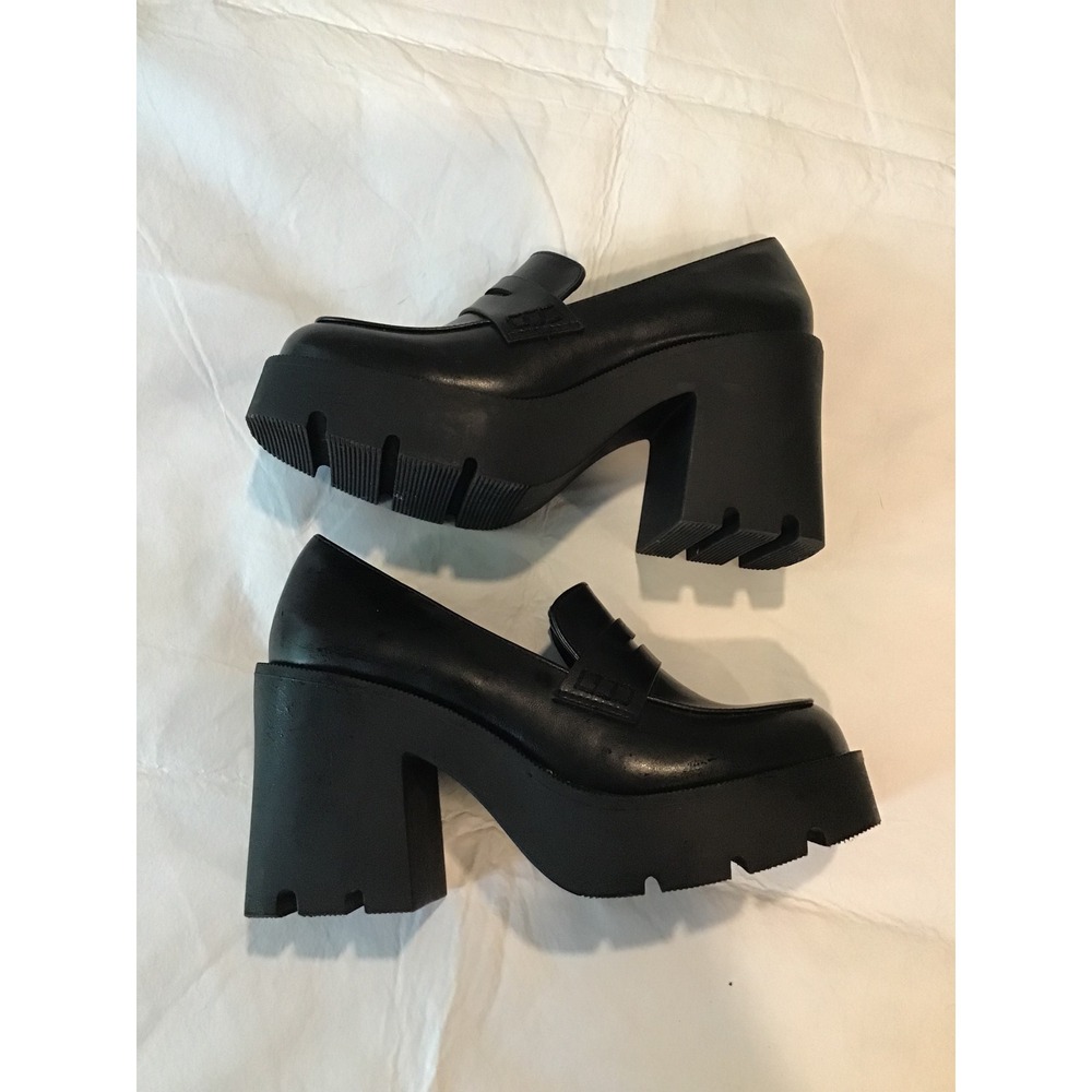 JF Black Leather Chunky Platform Y2K Lug Sole Penny Loafer Heels - Picture 4 of 6